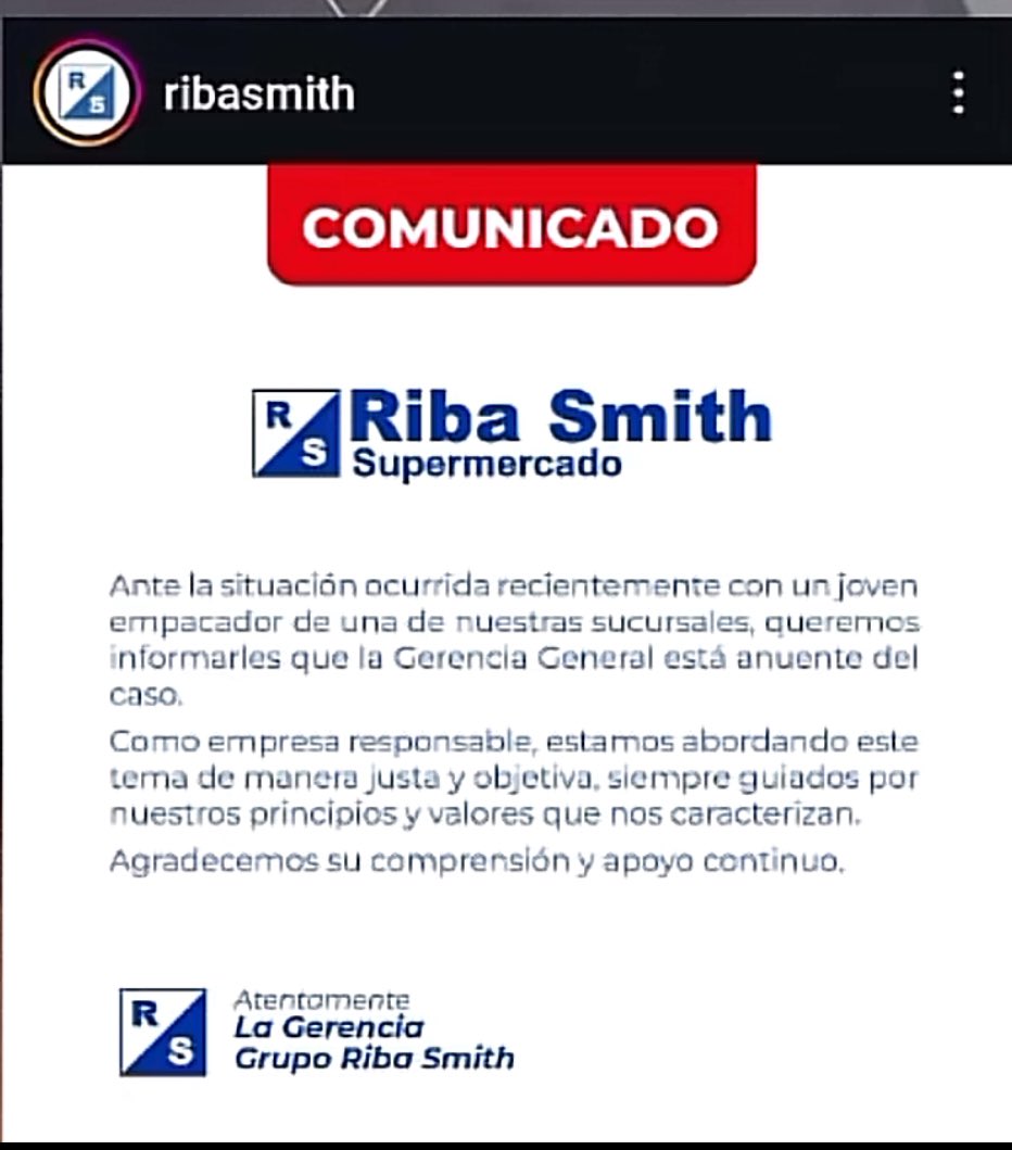 Señores de <a href="/Riba_Smith/">Riba Smith Panamá</a> si no corrigen publicamente el error y la injusticia cometida y no indemnizan al chico, cualquier comunicado está de más, suena hueco y sin sentido. Tengo mas de 30 años como cliente y me decepciona mucho su actuar como empresa.