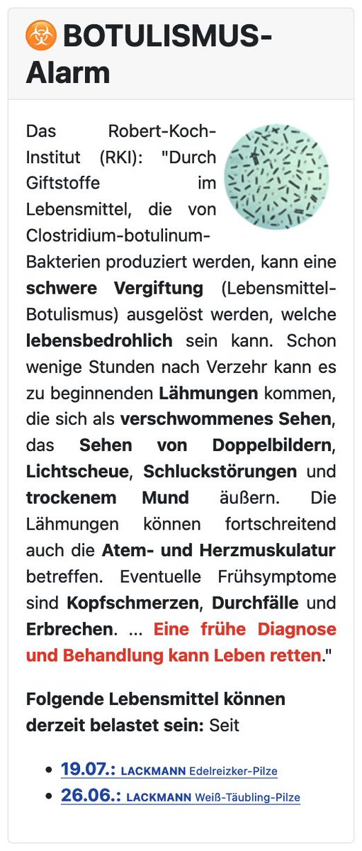 Rueckrufportal's tweet photo. UPDATE: #RÜCKRUF | #WARNUNG | Wissenswert: "☣️ #BOTULISMUS-Alarm" > Rückrufe von Pilzen 'Edelreizker' &amp; 'Weiß-Täubling': #GESUNDHEITSGEFAHR, u. U. #LEBENSGEFAHR!
(Frühe Diagnose / Behandlung kann Leben retten)  

Fundstellen zu den Rückrufaktionen &amp; mehr:
https://t.co/S4Bg6gwpWg https://t.co/At2aZHx8om