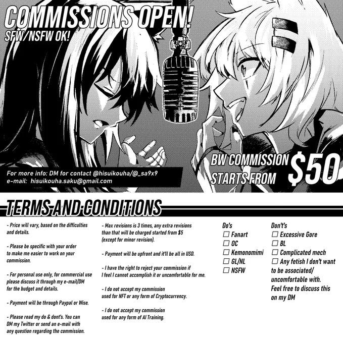 Hello, I'm opening 5 slots of BW com for this month!   DMs are open! Please read the terms and condition on this link, thank you~   RT and shares are really appreciated!    hisuikouha.carrd.co #CommissionsOpen
