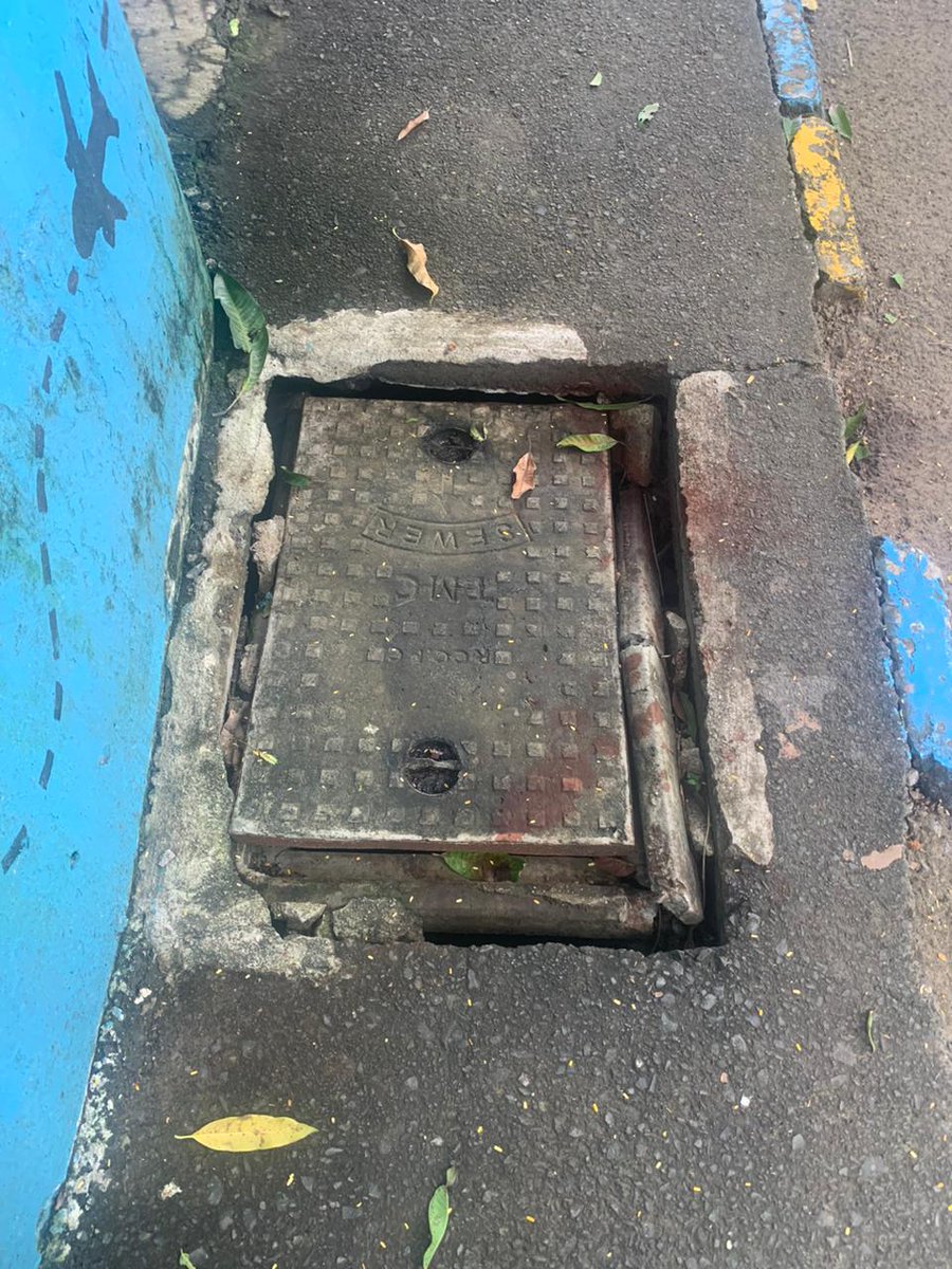 Krishna__joshi's tweet photo. As u can see in the following images, the manhole covers are extremly dicey and call fall anytime which can create a hazardous and unsafe situations for those walking on and can even lead to serios injuries. Along with that the side walk is also broken in one place as seen. https://t.co/ZEvaPyDVCk