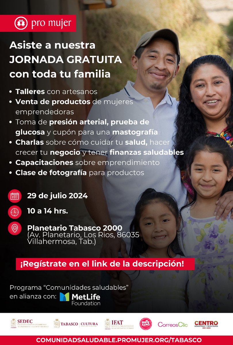 #SEDECinforma | ¡Hola! 👋🏽  #ProMujer te invita a una JORNADA GRATUITA llena de actividades pensadas especialmente para cuidar de tu salud y bienestar.

🗓️ Lunes 29 Julio 🕐10:00 am a 2:00 pm
🎯En el Planetario Tabasco 2000. 

✅Regístrate Aquí 👉bit.ly/3WsSC3w