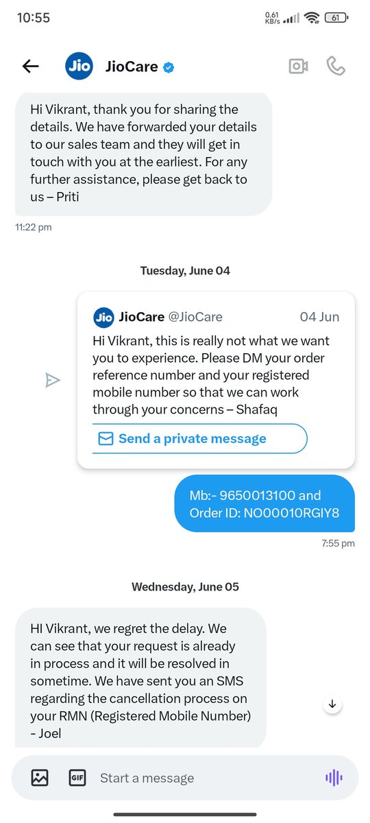 mcky_pathania's tweet photo. @reliancejio @JioCare @ImAtulKansal previous order ID and today's discussion with your executive https://t.co/jGQjp1fc4L