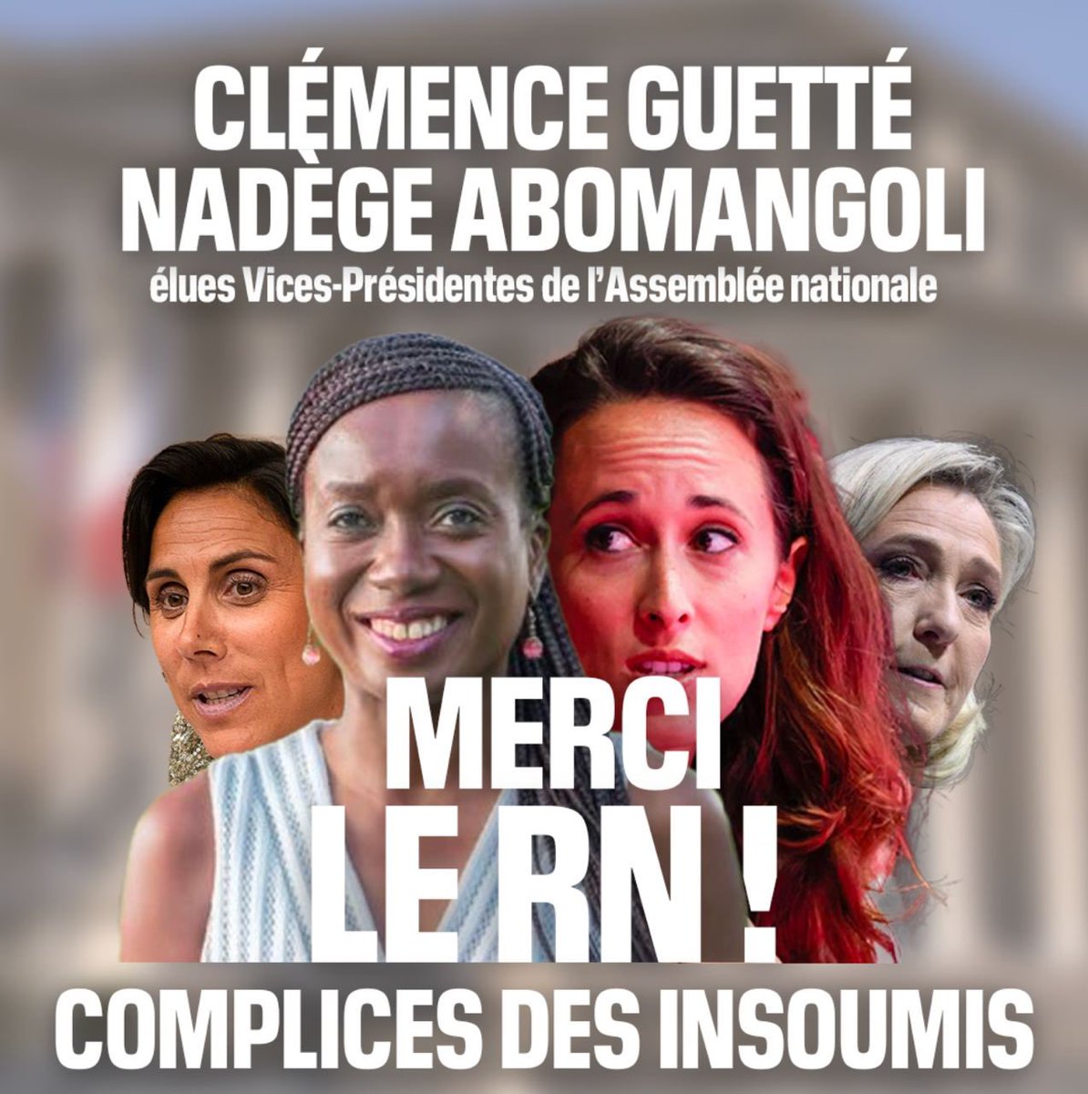 DeputesEnsemble's tweet photo. Voter RN, c’est voter LFI. Bienvenue au nouveau "Front antirépublicain" : deux vices-présidentes élues avec les voix du RN. Les députés LFI pourront au moins leur serrer la main désormais. #DirectAN https://t.co/yF7OIXIXrp