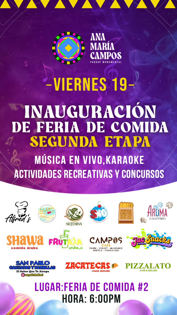 Acompañanos a la inauguración de la Feria de Comida de la segunda etapa, este viernes 19 de julio, a partir de las 6 pm

Sorpresas, karaoke, música 🎶 

¡Te esperamos!
#maracaibo #zulia