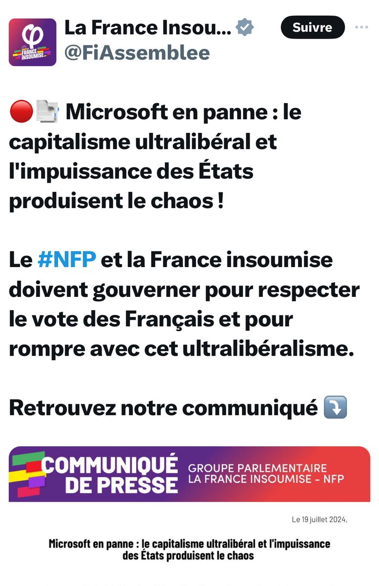 GrandSachoir's tweet photo. Quand #LFI mélange bug informatique et résultats des #legislatives2024 en colportant un fake. Vous ne lirez rien de plus stupide aujourd’hui. #Microsoft #crowdstrick https://t.co/XyNMBYy2jU