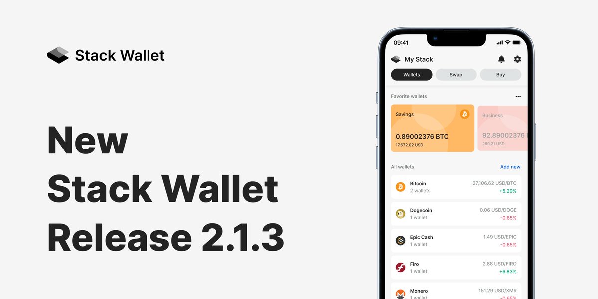 stack_wallet's tweet photo. New Stack Wallet release (v2.1.3). Bug fixes and UI improvements mostly.

- Show n/x confirms while unconfirmed
- Show n confirmations on tx details screen
- Remove SYSTEM_ALERT_WINDOW perm
- Null error fix on send from stack when doing epic to any swap https://t.co/0JZt55jViY