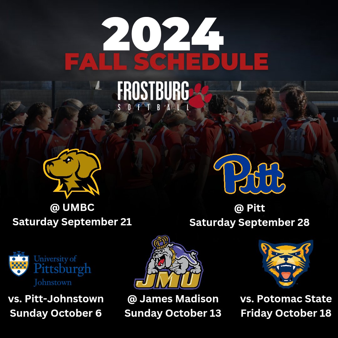 FrostburgSB's tweet photo. Here is the much anticipated 2024 Frostburg Softball fall schedule! We are just over 60 days away from teeing it up again! Looking forward to the terrific competition!🐾🐾 https://t.co/NIn1ykGkyc