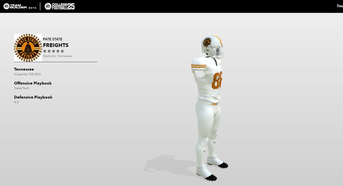 TheTunnel_Texas's tweet photo. The Pate State Freights x @EASPORTSCollege 

📍: Nashville, TN
🏟️: Late Kick Cathedral (Natural Grass Surface)

Offense: Mike Leach Air-Raid
Defense: Classic 4-3

HC: Josh Pate
OC: Producer Jessie
DC: MeeMaw https://t.co/mVoiwd4QeJ