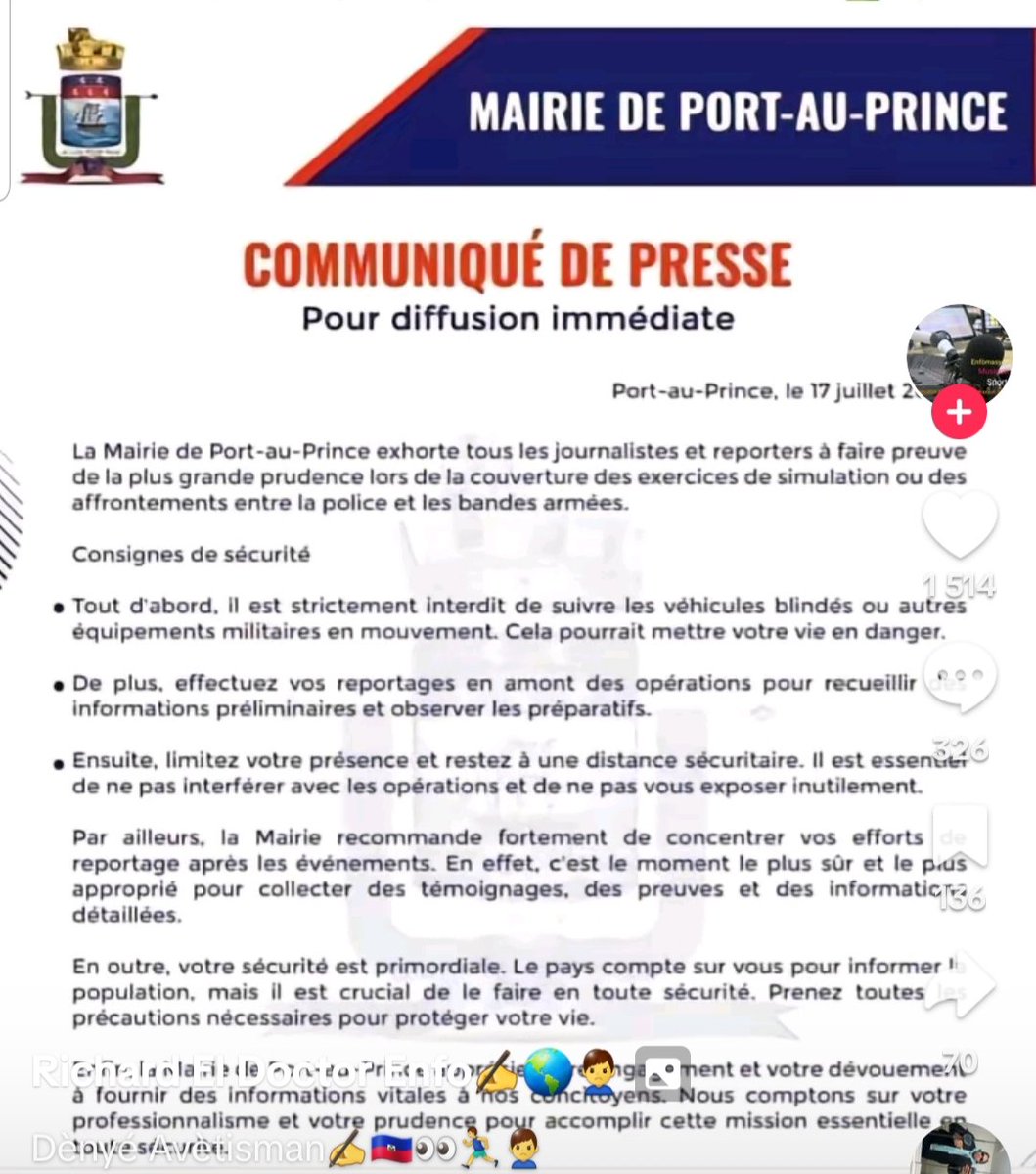 RadioRessort's tweet photo. Ayè 18 jiyè a, meri pòtoprens lanse dènye alèt yo bay tout ti medya " en ligne " yo ki souvan riske vi yo nan filme koze k'ap pase yo. Nenpòt sa ki ta rive yo nan operasyon ki pral mennen an la, pa konsene leta. 
Bwè dlo nan vè a, respekte vè..✅ https://t.co/dQ5uKsY1P1
