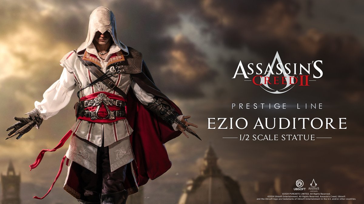 The classic Ezio Auditore stance with robe flowing, arms wide and real  metal weapons glinting in the fading light. The Italian assassin like  you've never seen him before. Pre-order Prestige Line -, image size:1200x675