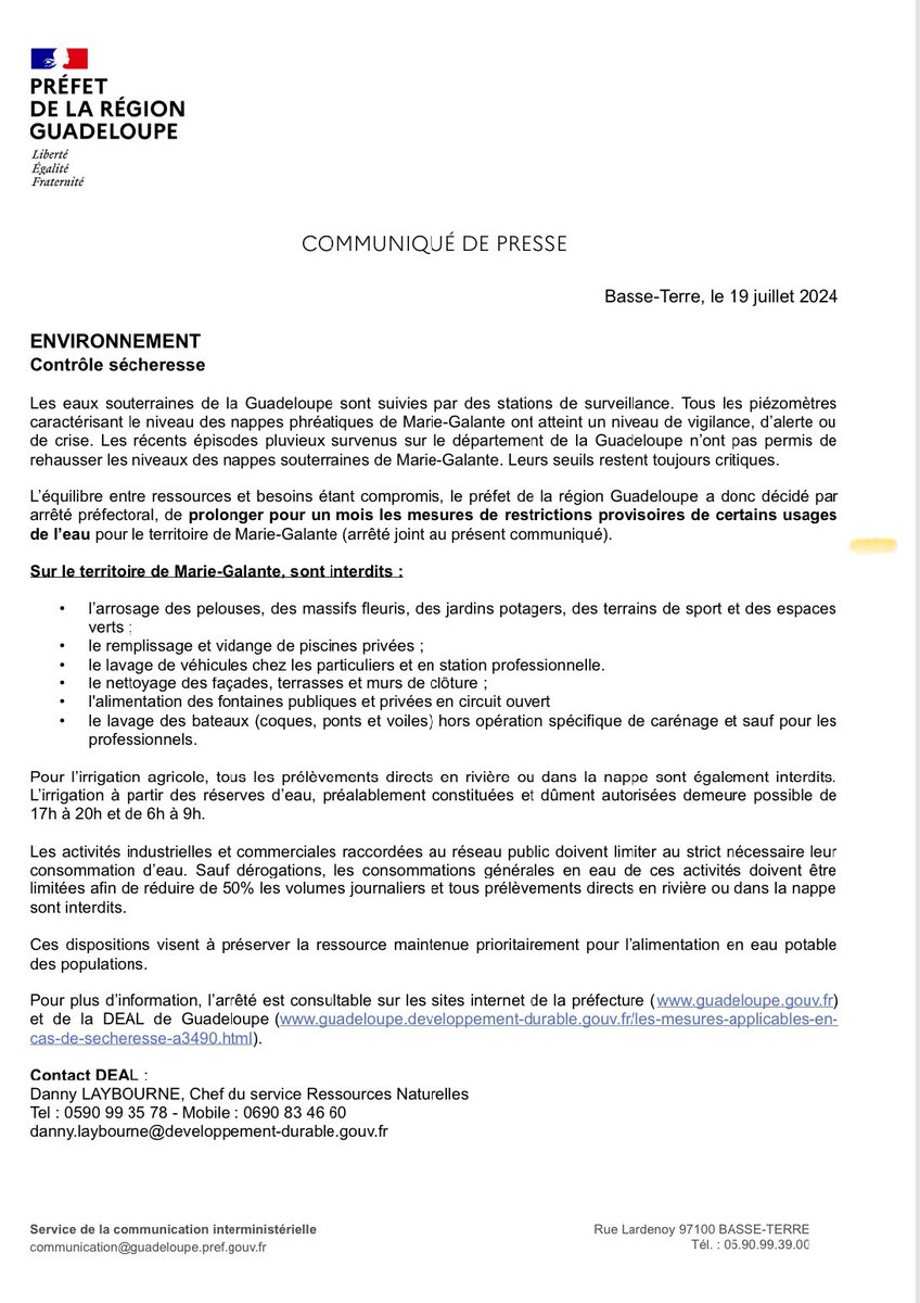 StimpflingEric's tweet photo. Eau🔴💦🔴
Prolongation des restrictions d’usage à Marie-Galante.
#Karukero
#CCMG
@guadeloupela1e @Prefet971 https://t.co/SeevUDtJ4g