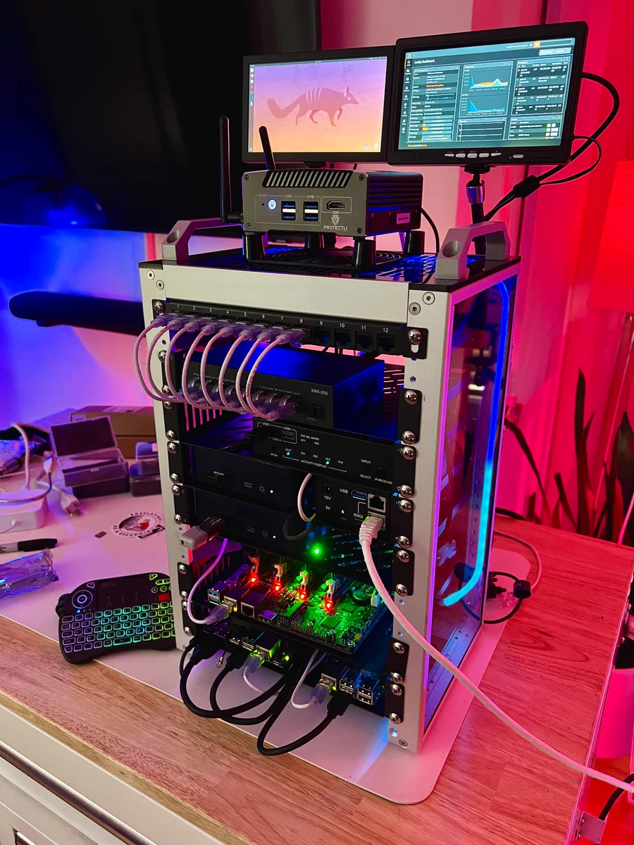 a photo of a mini server rack, also known as a mini homelab