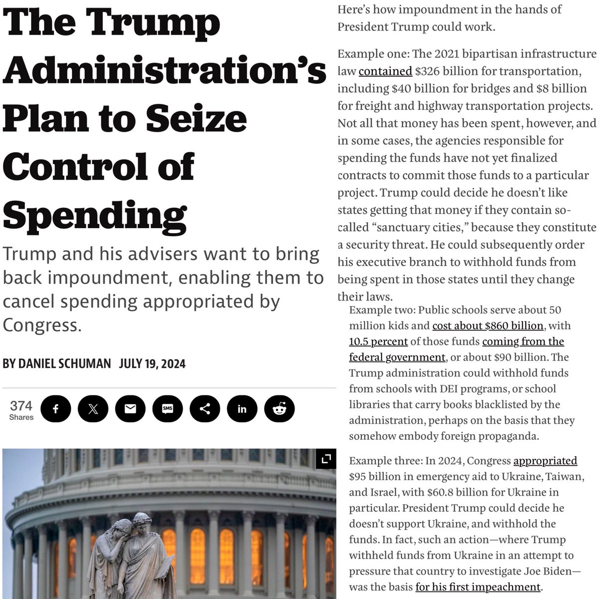 Lost in the rambling — Trump implied he will seize control of spending, which he could wield as a cudgel to dictate local public school policies, immigrant policies, public protest, etc..

Here’s how: prospect.org/politics/2024-…