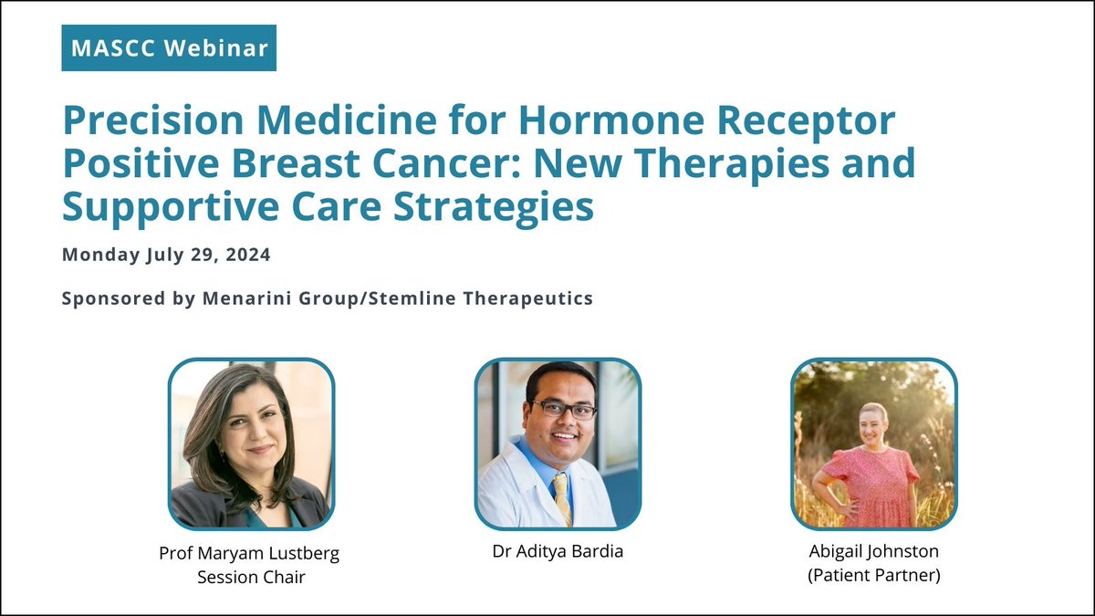 MASCC (@cancercaremascc) on Twitter photo Reminder! Join us on July 29 for a MASCC webinar on Precision Medicine for Hormone Receptor Positive Breast Cancer.
Speakers: <a href="/maryam_lustberg/">Maryam Lustberg MD, MPH, FASCO</a>, <a href="/dradityabardia/">Aditya Bardia, MD</a>, and <a href="/AMJohnston1315/">Abigail Johnston</a> (Patient Partner)
Learn more or register: us02web.zoom.us/webinar/regist…
#SuppOnc Reminder! Join us on July 29 for a MASCC webinar on Precision Medicine for Hormone Receptor Positive Breast Cancer.
Speakers: <a href="/maryam_lustberg/">Maryam Lustberg MD, MPH, FASCO</a>, <a href="/dradityabardia/">Aditya Bardia, MD</a>, and <a href="/AMJohnston1315/">Abigail Johnston</a> (Patient Partner)
Learn more or register: us02web.zoom.us/webinar/regist…
#SuppOnc