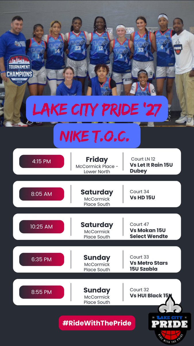 LakeCity_Pride's tweet photo. Nike Tournament of Champions 2024

📍 Chicago, IL

Ready to go to battle with our young women and represent the boot! Coaches come check out our roster FILLED with talent from top to bottom.

Guard - Wings - Forwards 
Shooters - Defenders

#RideWithThePride #CollegeFactory https://t.co/ec21tMbzrq