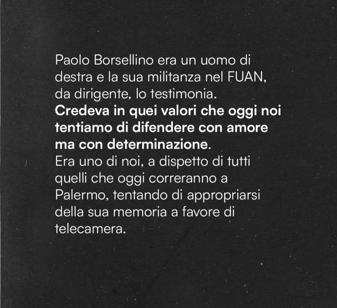 RiccardoMonaco9's tweet photo. Borsellino Uomo di Destra Sociale
Senza aver mai fatto delle sue idee politiche una moda ma solo Identità.
Eroe Nazionale che ha lottato contro la Mafia dando la vita per rendere il nostro paese migliore.
ONORIAMO
#Borsellino 🇮🇹
#Fuan #Msi
_
#viaDAmelio #19luglio #mafia #l https://t.co/ziVtWaP7ga