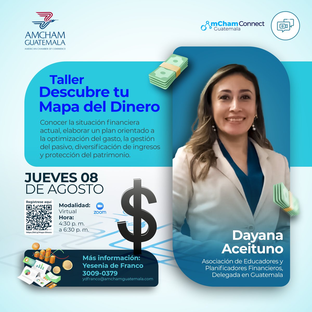 ¿Deseas conocer la situación financiera actual, elaborar un plan orientado a la optimización del gasto, la gestión del pasivo, diversificación de ingresos y protección de patrimonio? asiste al Taller "Descubre tu Mapa del Dinero" con la experta Dayana Aceituno.

📅 Jueves 8 de