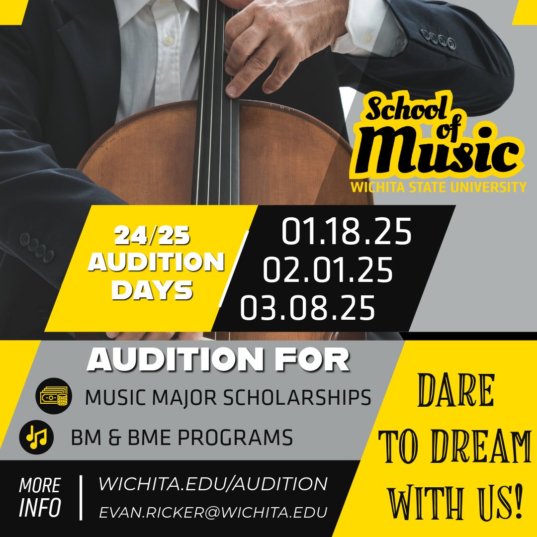 🎵 Mark your calendars! 🎵 Wichita State University's School of Music Audition Days are here:

📅 01/18/25, 02/01/25, 03/08/25

Don’t miss your opportunity to join our vibrant musical community.

Shape Your Future - Explore Your Passions - Dare To Dream With Us!