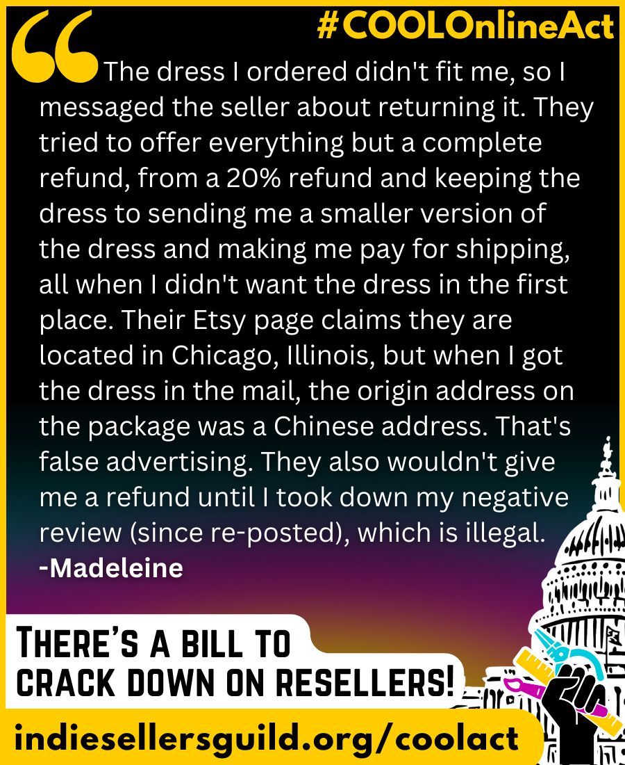 Resellers hurt all of us, when customers have experiences like Madeleine's.

Share your story at buff.ly/493BqWS
#CoolOnlineAct #transparency #consumerprotection #betruthful #indiesellersguild
