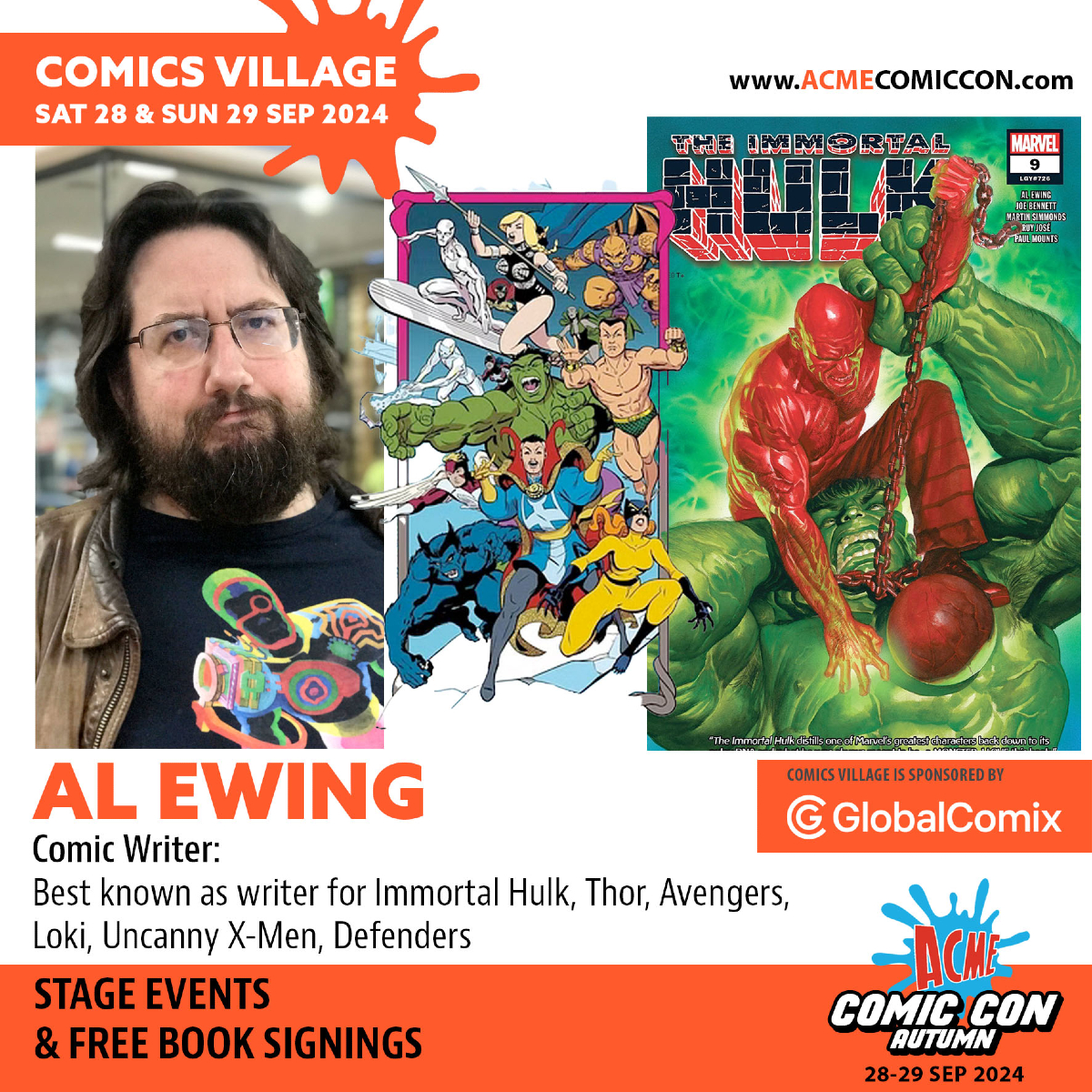 FFComicCon's tweet photo. 📣 ACME AUTUMN GUEST ANNOUNCEMENT 📣

Why not make our comic village bigger? Al Ewing will be a joining us. Al has worked on a variety of incredible titles and will be seen on stage and doing FREE book signings across the weekend! 

#acmecomiccon #scotlandcomiccon #forthefans https://t.co/itZ4duiYIh