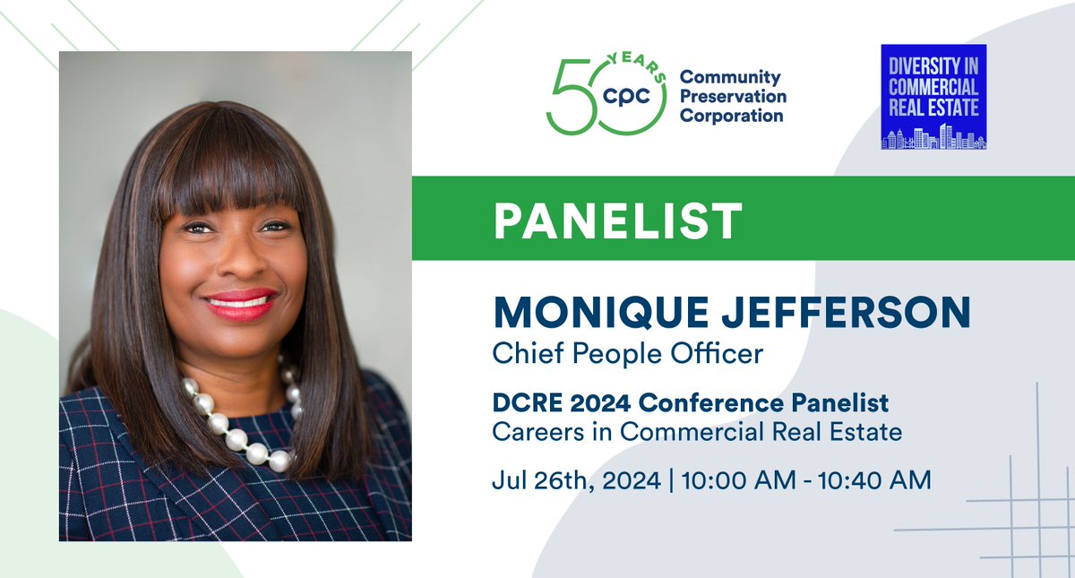 communityp's tweet image. Next week is the @DiversityCrec Conference! Don’t miss CPC’s Chief People Officer Monique Jefferson on the “Careers in Commercial Real Estate” panel on Friday, July 26th. Register now to attend: dcre.quvent.com #DCRE24 #AffordableHousingJobs #BIPOCDevelopers