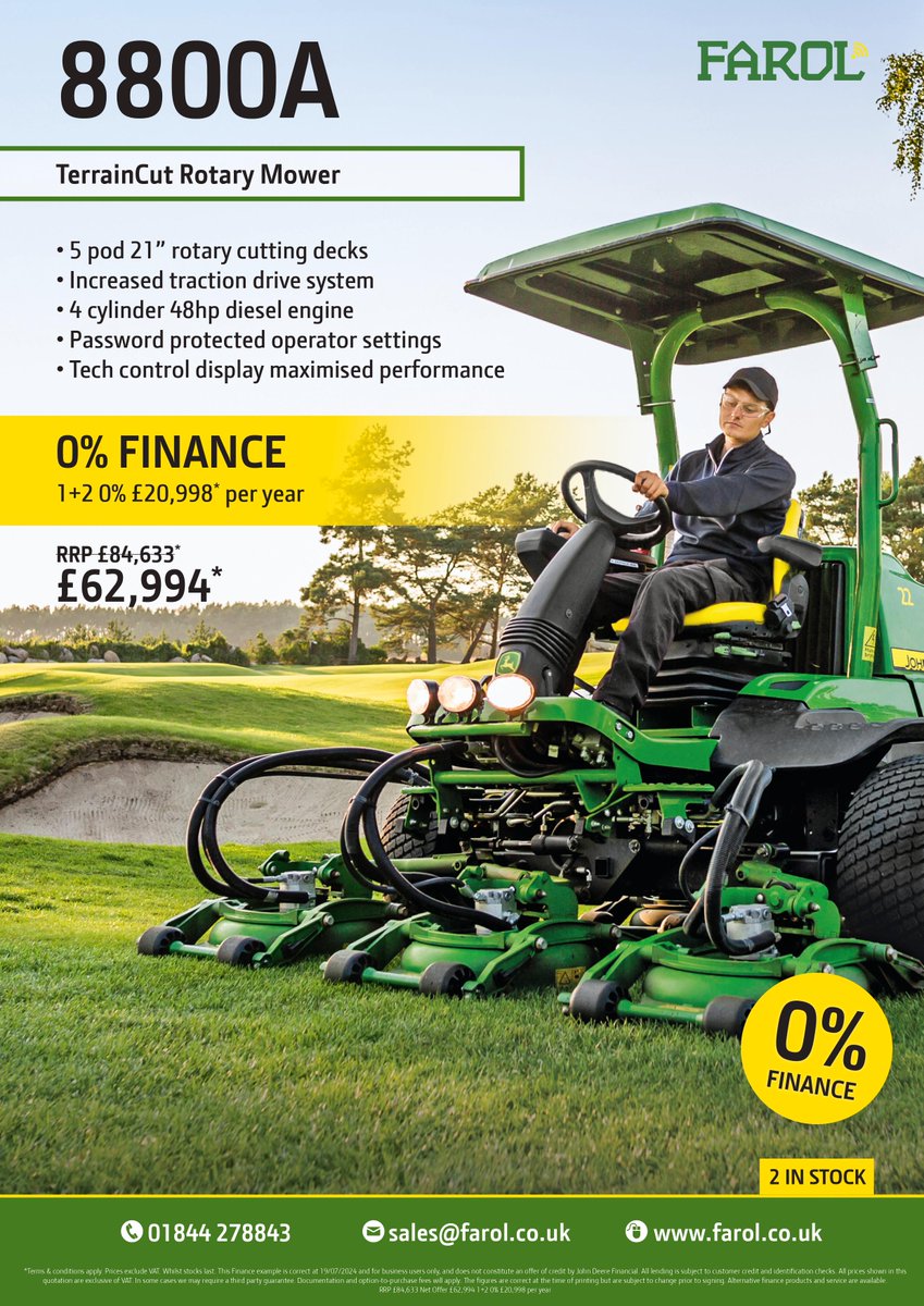 FarolTurf's tweet photo. 𝟬% 𝗙𝗜𝗡𝗔𝗡𝗖𝗘 �� Take your turf care to the next level with special offers on 8800A and 9009A rotary mowers and this 2700E triple mower. Get in touch with your sales rep today to take advantage of this hot offer, or contact us on  📲 turf@farol.co.uk. While stocks last⏲️ https://t.co/J8CqT0YHom