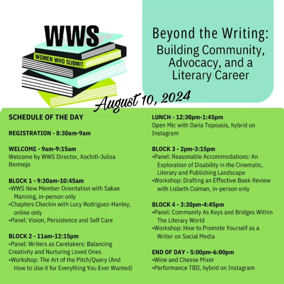WomenWhoSubmit's tweet image. IT&apos;S ON!! REGISTER for our August 10, 2024 Submission Conference. &quot;Beyond the writing: Building Community, Advocacy, &amp;amp; a Literary Career&quot;
A full day of #literary panels, #workshops, &amp;amp; #performances to choose from, + NEW MEMBER ORIENTATION! Go here:
eventbrite.com/e/beyond-the-w…