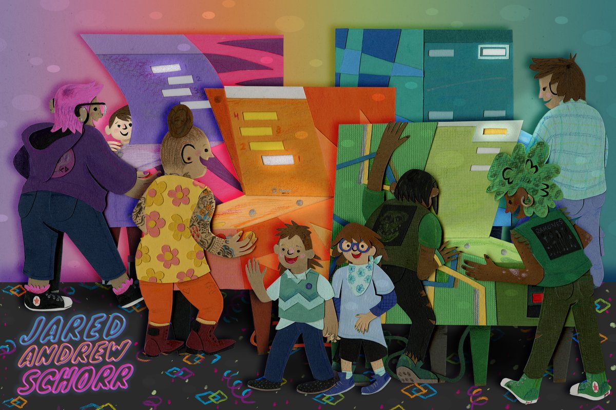 Made a new postcard with the pinball pals! Illustrating a children's book in a bright glowing arcade would be SO FUN! 🌟