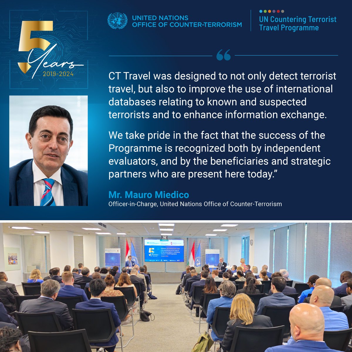 UN_OCT's tweet photo. At the #CTTravel 5⃣-year anniversary event in Budapest, @un_oct #UNCCT Director Mauro Miedico reflected on the programme's achievements in preventing, detecting &amp; investigating the movement of terrorists and stressed the role of strong partnerships 

🗣️https://t.co/lOx5gw5AJp https://t.co/7Shm86dGc2