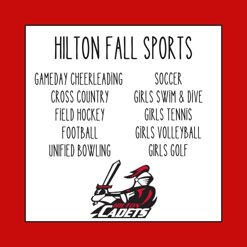 Hilton Athletics (@hiltoncadets) on Twitter photo π
πππ ππππππ ππππππππππππ!
Registration Dates:
JV/V Football- 7/22
Mod/Fr. Football, Cheer & JV/V Sports- 7/29
Mod Sports- 8/5
Start Dates:
JV/V Football- 8/19
Mod/Fr. Football & JV/V Sports- 8/26
Mod Cheer- 8/28
Mod Sports- 9/3
πhilton.k12.ny.us/page/athletics π
πππ ππππππ ππππππππππππ!
Registration Dates:
JV/V Football- 7/22
Mod/Fr. Football, Cheer & JV/V Sports- 7/29
Mod Sports- 8/5
Start Dates:
JV/V Football- 8/19
Mod/Fr. Football & JV/V Sports- 8/26
Mod Cheer- 8/28
Mod Sports- 9/3
πhilton.k12.ny.us/page/athletics
