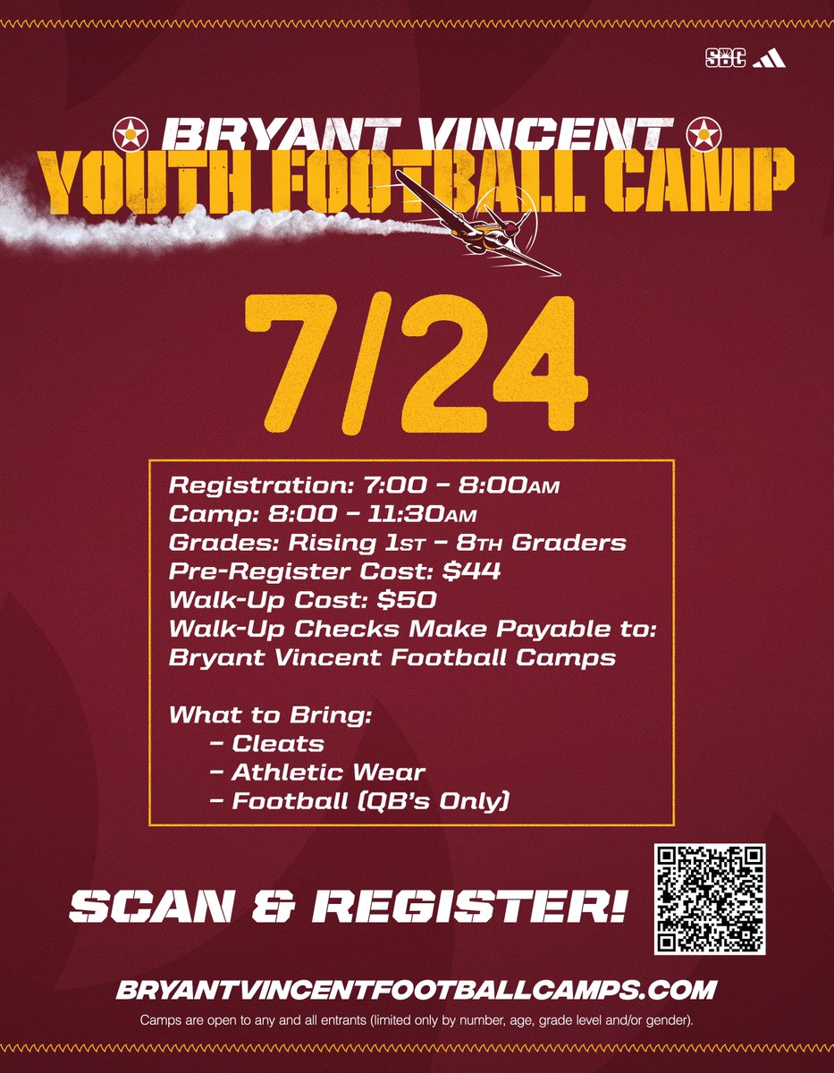 We have added one more summer youth camp date!

Join us Wednesday for our last summer camp 🏈 ⬇️ 
 bryantvincentfootballcamps.com