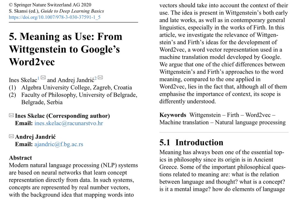 Dorialexander's tweet photo. @aidan_mclau Team Philosophical Investigations here. Straight intellectual genealogy to word2vec and all the fun that stemmed from it. https://t.co/QiAW9Yz2Qy