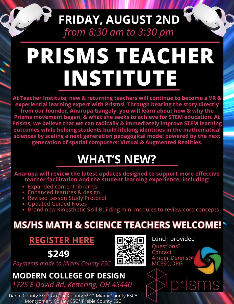 WOSC_PD's tweet photo. Join us for our Prisms Teacher Institute and see how the world of Math and Science is changing for Middle and High school students!
Register Here: https://t.co/uRDnHq8Hlf https://t.co/QcaRLEX8Ep