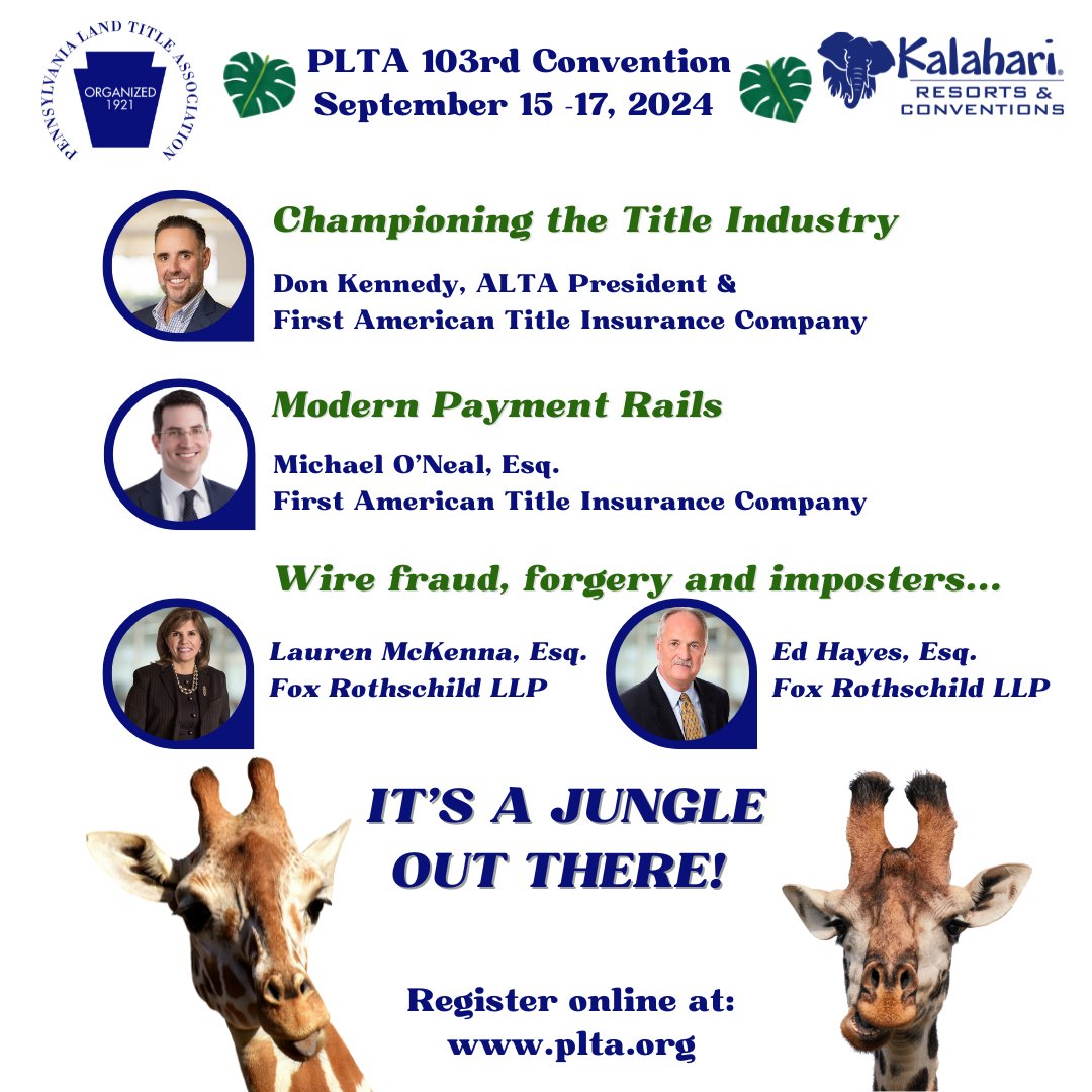 PLTA 103rd Convention at Kalahari - Sept 15-17, 2024. Earn 6 credits - how to ensure the industry thrives in the current environment, modern payment rails, wire fraud, forgery and ways to protect your business. plta.org/event/2024_PLT…  Premier Sponsor: Charles Jones! #PLTA24