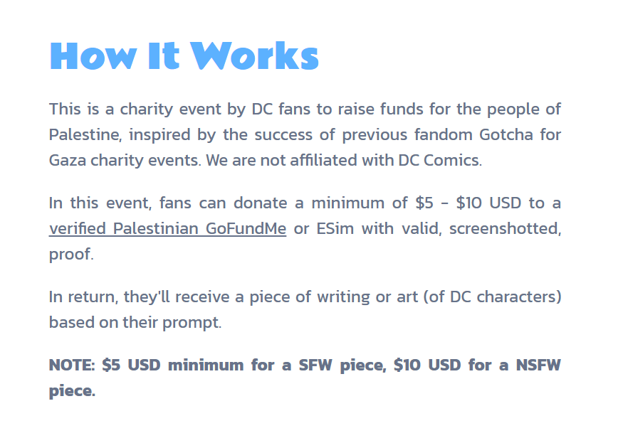 dcforgaza's tweet photo. How YOU can receive fanworks of your favorite DC characters! Donations are open until the 18th of August. https://t.co/TrtAWpsYW4