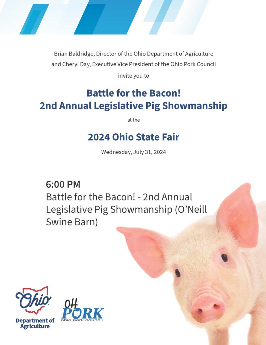 ohioagriculture's tweet photo. Battle for the Bacon!

We bet Ohio legislators are gearing up for the main event, a Legislative Pig Showmanship at the @OhioStateFair.

Don’t miss out! Join us on July 31 at 6 p.m. for a rootin’ tootin’ good time! https://t.co/Xmte5t2Tjj