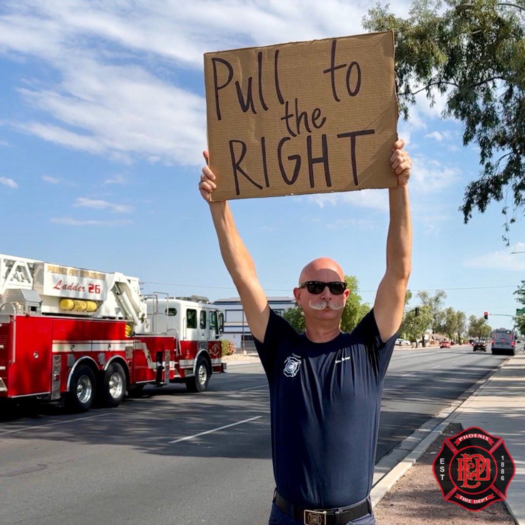 PHXFire's tweet photo. 🚨 Seeing lights and hearing sirens? Pull to the right! First responders need to get to emergencies fast, and every second counts. Stay alert, stay safe, and help us help you. 🚒 #PHXFire https://t.co/ihaiYj8B9R