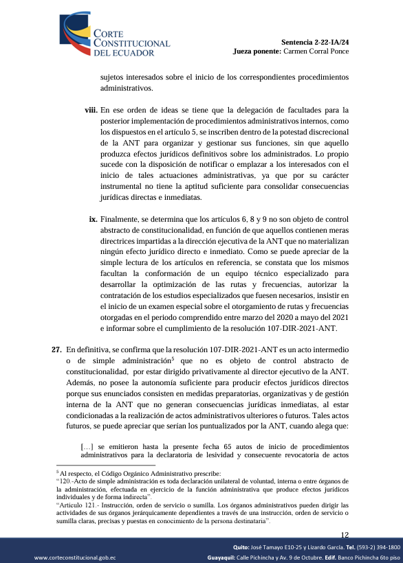 FernandoARojasY's tweet photo. Las autoridades suelen creer que una actuación puede ser diversa a su esencia si modifican su título. La Stn. 2-22-IA/24 de la @CorteConstEcu, diferencia claramente entre acto admini. y acto simple adminis., utilizando  el criterio ordinamentalista (Existe o no innovación en RJ) https://t.co/7k7fv5UdFO