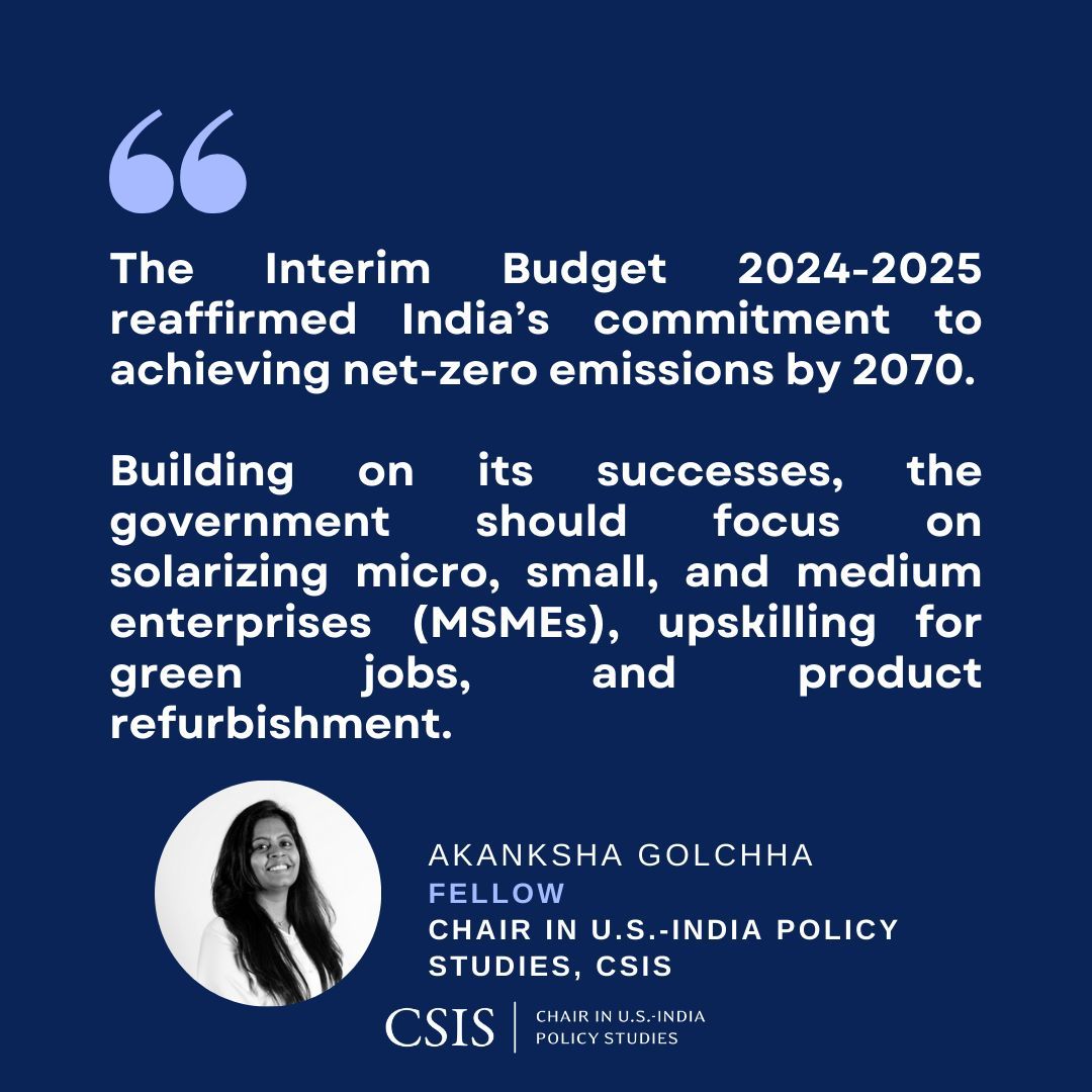 🌟 Anticipating #India's Union Budget 2024 insights from <a href="/CSIS/">CSIS</a> experts! 

1️⃣ Science  and Tech R&amp;D
2️⃣ Tax reforms
3️⃣ Sustainability &amp; green initiatives

<a href="/JayantKrishnaIN/">Jayant Krishna</a>, <a href="/mukeshbutani/">Mukesh . Butani 🇮🇳</a>, <a href="/akankshagolchha/">Akanksha Golchha</a> 

Read more: buff.ly/4d5kOiA

#IndiaBudget2024 #Modi3 #EconomicGrowth