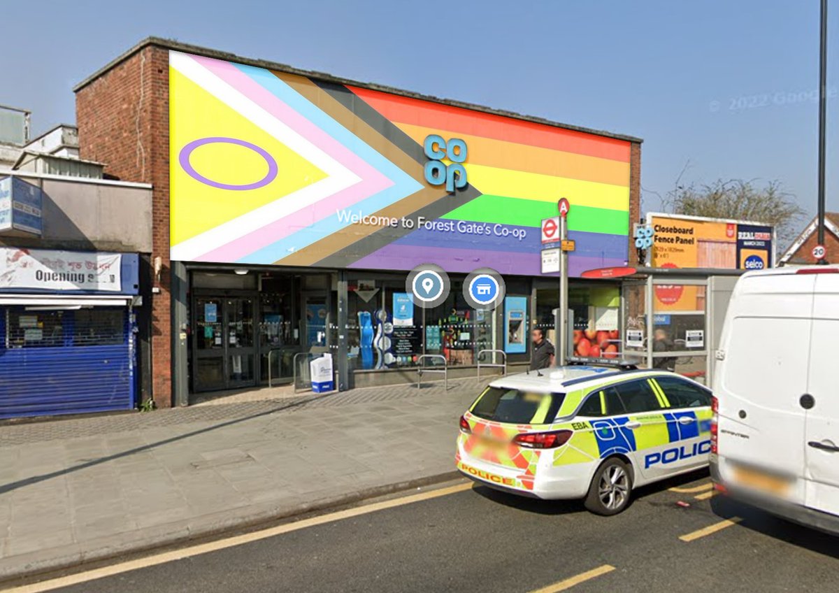 irisk_mike's tweet photo. hello my friendly neighbourhood @coopuk. I don't know if you've heard about the vandalism of the #ForestGate pride flags. It would be wonderful if @coopuk could show their support for the local LGBT community by making this a reality (pride flag on the building)!? #endhate https://t.co/KPw2TaJlVZ