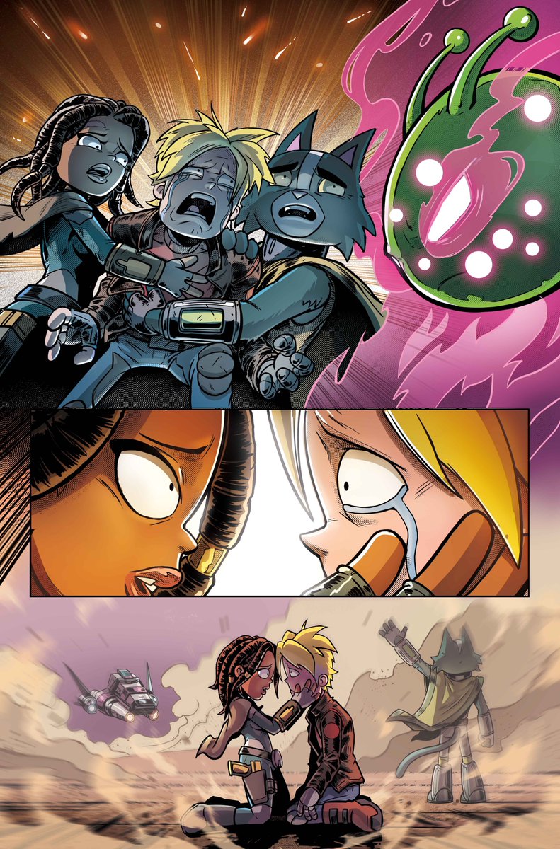 FinalSpace's tweet photo. HAPPY FINAL SPACE FRIDAY!
So we're blazing on all fronts right now! Currently I'm finishing the writing to Part 7 and then I think there's a couple more Parts and this story will be wrapped up. It plays very much like a movie in my eyes. Part 6 will be the biggest Part of the whole graphic novel. I let Jake Sidwell (One of the composers on the show) read it and he text me after "This is VERY cool and extremely emotional" it was emotional to write because these characters are coming to the end of me writing them. I did jump ahead to the very very end to see how much this one scene would wreck me to write and good lord....that will be the hardest thing I will have to write in this universe. 

So here's the run down...
Daz @daztibbles  is in Part 6 until mid to end of August, I'm hoping he'll do the very last Part. Noah I'm hoping with wrap up Part 4 soon and go to Part 7. Chiara @ChiaraIac is wrapping up a few more pages on Part 3 and with move to Part 5. Val is about finish with coloring Part 1 and will move to Part 2 and he introduced me to two more colorist. 

As you can see every front is working as hard as possibly. It's looking great. Just have to keep moving forward! :) 
-Olan
PRE-ORDER: https://t.co/tQ526rDkOV