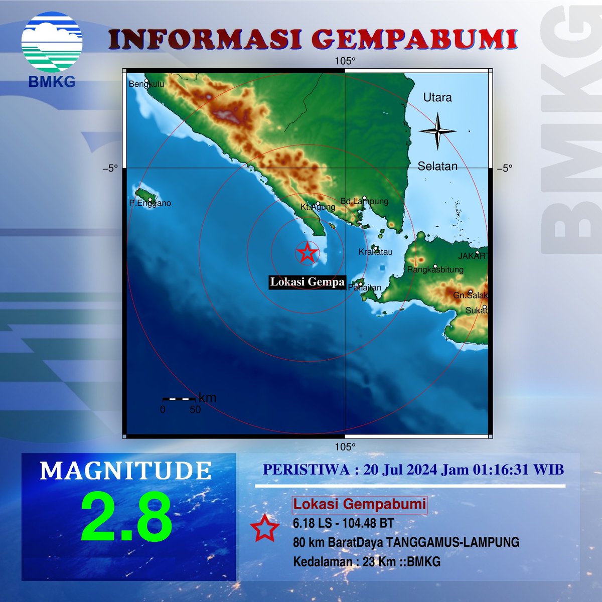 bmkgwilayah2's tweet photo. Info Gempa Mag:2.8, 20-Jul-24 01:16:31 WIB, Lok:6.18 LS - 104.48 BT (80 km BaratDaya TANGGAMUS-LAMPUNG), Kedlmn: 23 Km ::BMKG https://t.co/8ps0w2QDZr
