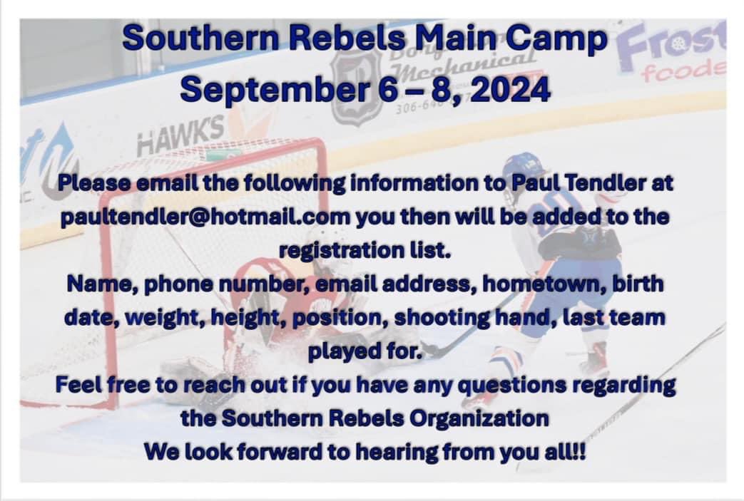 💥Southern Rebels Main Camp💥

Register for the camp forward all information to Paul Tendler (paultendler@hotmail.com) 

If you have any questions regarding the camp or the Southern Rebels Organization please do not hesitate to reach out to us!