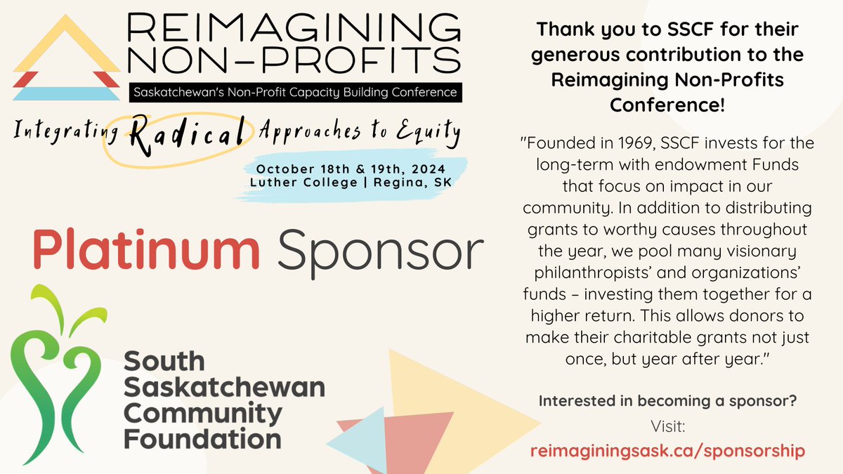 IvyDeanWorks's tweet photo. 📣ANNOUNCING 📣 
We are so excited to announce that @SouthSaskFdn is returning as the Platinum Sponsor of the 2024 Reimagining Non-Profits Conference! We are so grateful for their support of the conference.
#reimaginingnonprofits #sknonprofits #sksponsorship https://t.co/Q8OLygKy3h