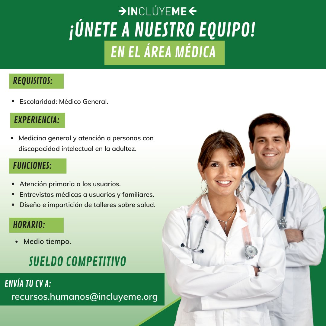 🌟 ¡ÚNETE A NUESTRO EQUIPO! 🌟
En Fundación Inclúyeme estamos en la búsqueda de un Médico General

🔍 Más detalles en la imagen adjunta

Envía tu CV a 📧 recursos.humanos@incluyeme.org 📧

¡Únete a nosotros y sé parte del cambio! 🤝 Juntos construimos un futuro más inclusivo.