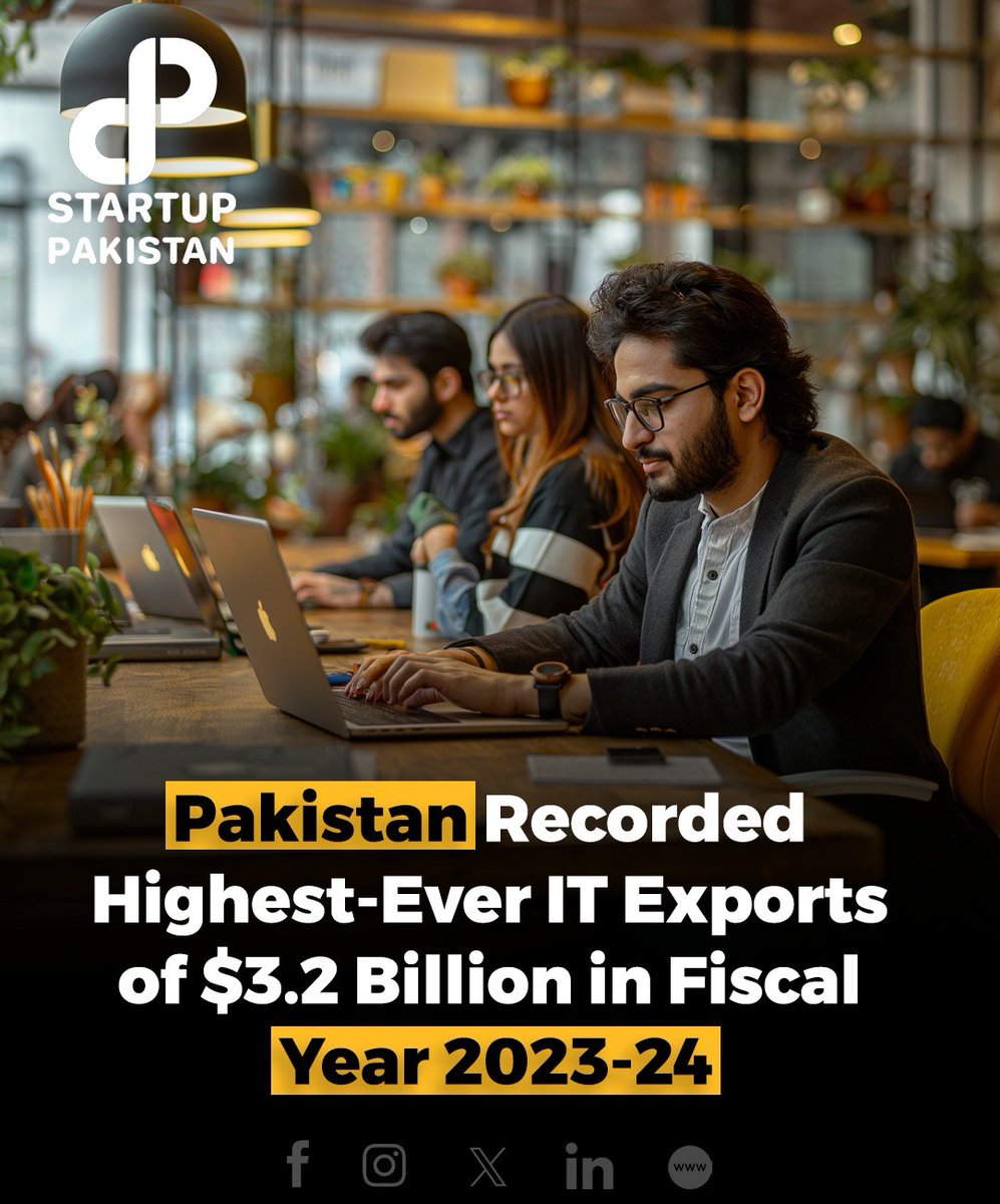PakStartup's tweet photo. Pakistan's IT sector achieved a remarkable milestone with exports surging to a record $3.2 billion in fiscal year 2023-24, marking a 24.2% year-on-year increase.
#PakistanIT #ICTExports #EconomicGrowth #DigitalPakistan #ITsectors https://t.co/LNIOSQnBZf