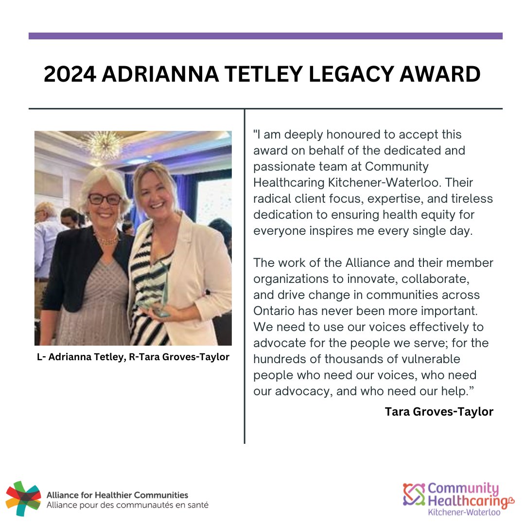 HealthcaringKW's tweet photo. At the Alliance for Healthier Communitiesโ recent Conference, Tara Groves-Taylor, CEO, Community Healthcaring KW named the recipient of the 2024 Adrianna Tetley Legacy Award for Transformative Change Leadership #healthcaring #ONhealth https://t.co/I9Kng2ashp