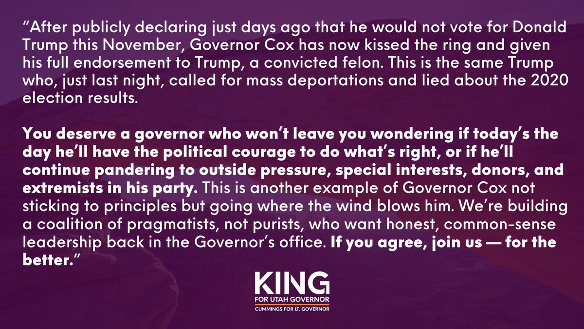 KingForUtah's tweet photo. You deserve a governor who won’t leave you wondering if today’s the day he’ll have the political courage to do what’s right, or if he’ll continue pandering to outside pressure, special interests, donors, and extremists in his party. 

If you’re looking for something different, join us — for the better. 

#KingForUtah