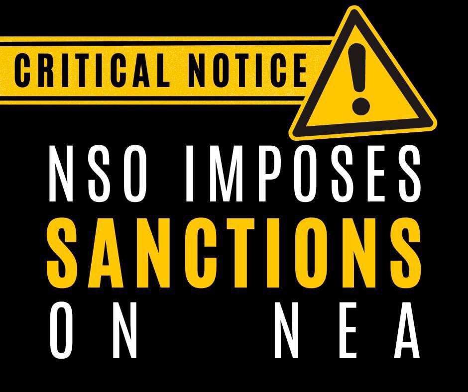 NSO_now's tweet photo. ๐จ @NEAToday has locked out its staff union @NEAStaffUnion following a legally-protected ULP strike. NSO has responded with the imposition of sanctions on NEA. We urge all NSO members and union supporters to boycott NEA events & activities until further notice. #NSOstrong #NEASO https://t.co/RlnaavMnxi