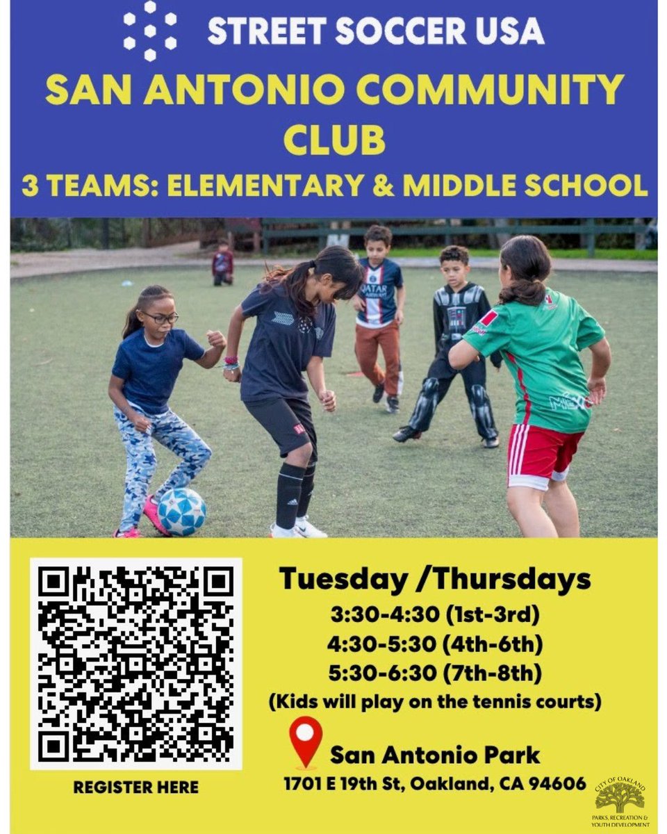 Come &amp; kick it with us at San Antonio Park for some Community Club Soccer! ⚽️ Available now to August 25th on Tuesdays &amp; Thursdays from 3:30pm to 6:30pm with hour slots for various age groups!😎

Scan the QR Code on the flyer to register!📸

#OPRYD #OaklandSoccer #StreetSoccerUSA